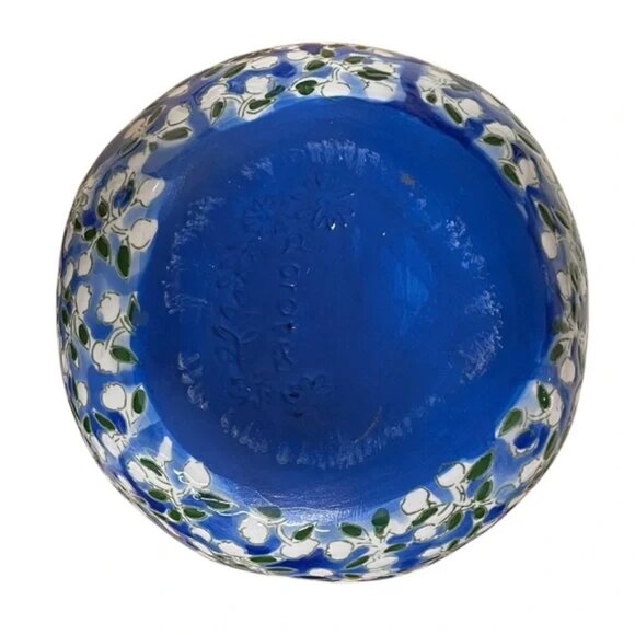 dorotea CAROLINA SILVA hand painted ceramic vase etched white flowers on blue - Picture 8 of 11